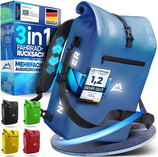 NEXTCOVER® NEW 3-in-1 Fahrradtasche für Gepäckträger [Aquashield] - Reflektierende Gepäcktasche wasserdicht - Rucksack und Umhängetasche [25 Liter]- Blau