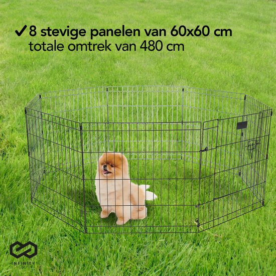 Infinity Goods Welpenauslauf - Hundeauslauf - 8 Paneele - 60 x 60 CM - 480 CM Umfang - faltbar - mit Tür - Kaninchenauslauf - Schwarz