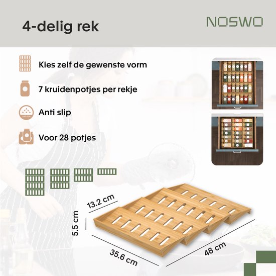 Noswo Gewürzregal-Schublade - 4 Schichten - für 28 Gewürzdosen - Edelstahl - Gewürzorganisation - Küchenschubladen-Organisation - Bambus