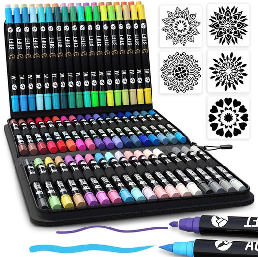 NAPI 72 Acrylmarker Dual Tip - Twinmarker - Malstifte Happy Stones - Steinmalerei mit Acrylmalstiften - Erwachsene und Kinder - Inkl. 5 Mandala-Schablonen