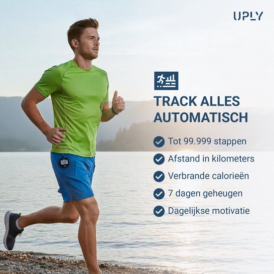 Uply Schrittzähler mit Clip und Trageriemen - 3D-Sensor - Taschen-Schrittzähler - inkl. Batterie - Schwarz