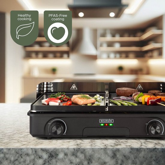 Bourgini Plancha Pure for 8 - Keramikbeschichtet (PFAS-frei) - Elektrisch - Gesundes Grillen - Backblech - Griddleplatte - Drehbare Grillplatte gerippt und flach