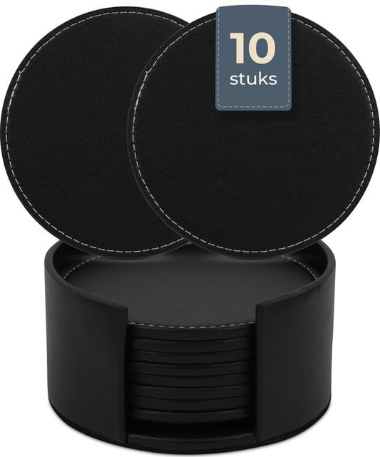 Castagnola Kunstleder-Untersetzer - Untersetzer für Gläser - Design-Untersetzer mit Halterung - Leder-Untersetzer-Set - Leder - 10er-Set - Schwarz mit Naht