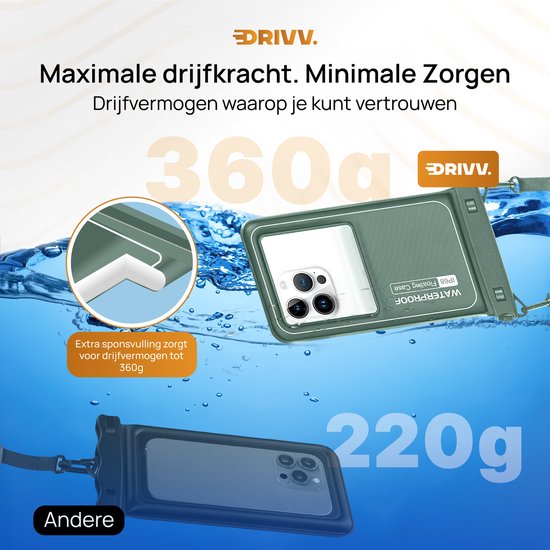 Drivv. Wasserdichte Luxus-Telefonhülle - schwimmend - Doppel-Clip-Verschluss - Telefone bis zu 6,8 Zoll - Unterwasser-Telefonhülle - Army Green