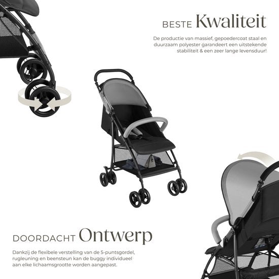 tectake® Buggy - Kinderwagen - faltbar, 5-Punkt-Gurt, verstellbare Rückenlehne und Beinauflage - mit Bremse, leichtgängige Räder - praktischer Ablagekorb - schwarz/grau