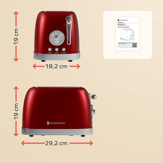 KitchenBrothers Retro-Toaster - Toaster - 6 Heizstufen - 2 extra breite Schlitze - 815W - Rot