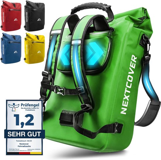 NEXTCOVER® NEXTCOVER® NEW 3-in-1 Fahrradtasche für Gepäckträger [Aquashield] - Reflektierende Gepäcktasche wasserdicht - Rucksack und Umhängetasche [25 Liter]- Gemüse