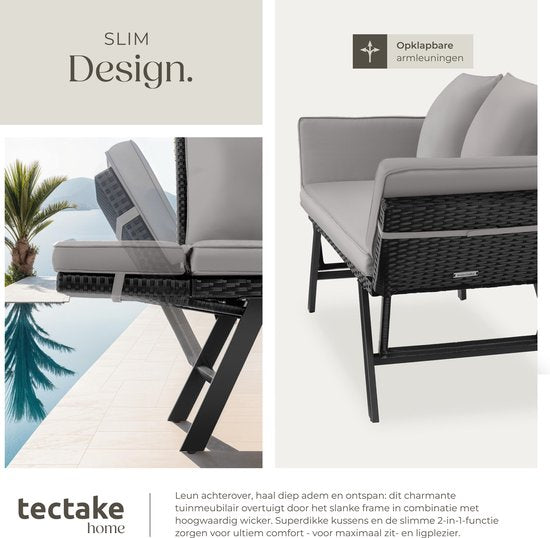 tectake® 2-in-1 Geflecht-Gartenbank Sintra - Verstellbare Handläufe - Gartenset - Liege - Balkon-Lounge-Bank - Inkl. Kissen - Outdoor-Lounge-Sofa - UV- und witterungsbeständige Sonnenliege - Hellgrau/Schwarz