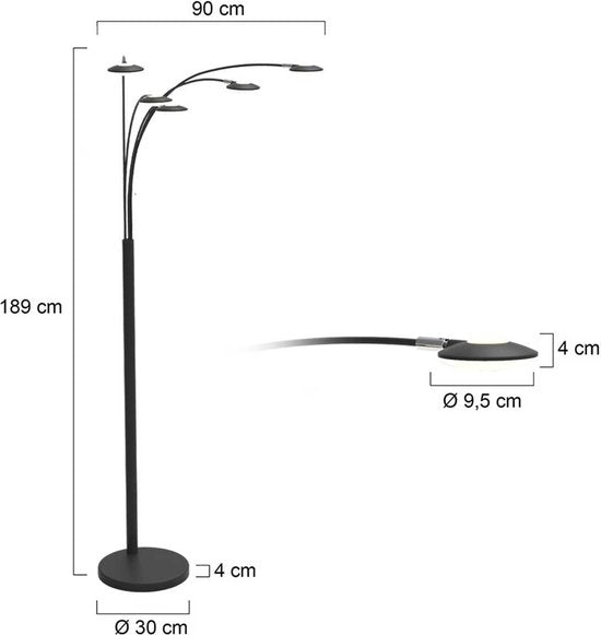 Mexlite Stehleuchte Synna - Schwenkbare, dimmbare LED-Bogenleuchte - Modernes Design - Mit 5 Lichtquellen (4,5W) - 235 cm Kabel - Stahl und Glas