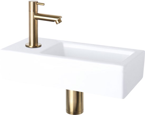 Differnz Helios Waschtischset 37,5 x 18,5 x 9 cm – Waschtisch aus Keramik, weiß – Mit Kaltwasserhahn links/rechts, mattgold – Waschtischset für Toilette – Inkl. Siphon & Always-Open-Ablaufstopfen – Wandmontage