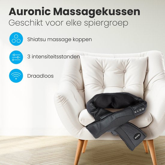 Auronic Shiatsu-Massagekissen - Elektrisch - Kabellos - Nacken und Schulter - Infrarot - inklusive Tragetasche - Schwarz