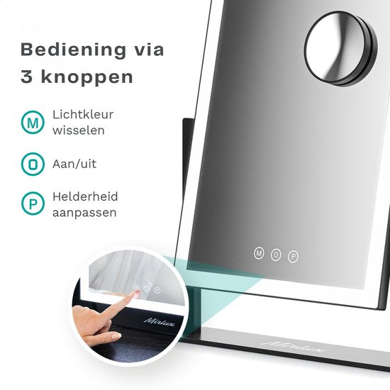 Mirlux Hollywood Schminkspiegel - 44x30 cm - LED Beleuchtung - 3 Lichtmodi - 5x Vergrößerung - Weiß