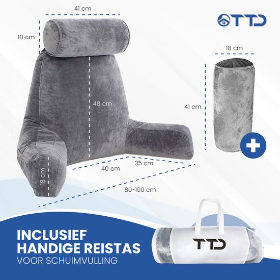TTD® Premium XXL Lesekissen mit Nackenrolle - Lesesitz - Lesekissen fürs Bett - Ergonomisches Sitzkissen mit verstellbarer Polsterung - Buchkissen - Inklusive extra Minikissen - Samtig weich - Waschbarer Bezug