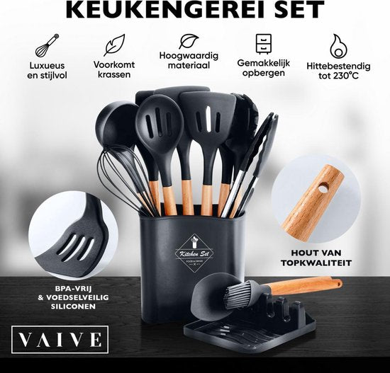 VAIVE Kochgeschirr-Set 13-teilig mit Halter - Küchengeschirr-Set - Schneebesen - Spatel Silikon