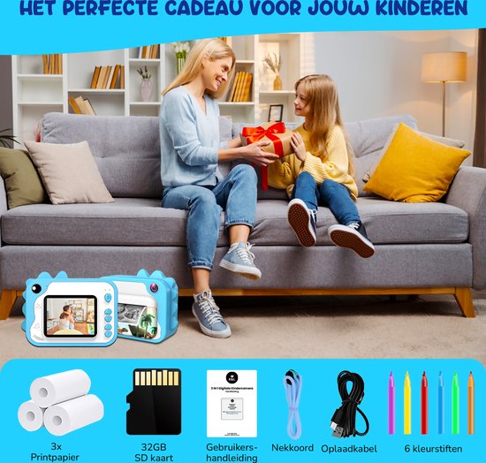 K&L® 3 IN 1 Digitale Kinderkamera + Sofortdruck + Spielkamera - 32GB micro sd Karte - Kamera Kinder - Vlog Kamera mit Spielen - Fotokamera für Kinder - Kleines Spielzeug - Mit Videofunktion - Blau