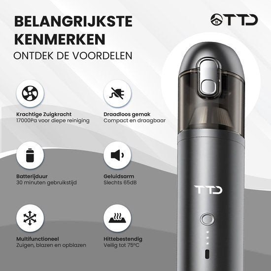 TTD® Premium Auto Staubsauger Kabellos und wiederaufladbar - 17.000 Pa - Handstaubsauger - Blasen & Saugen - Hitzebeständig - Kompaktes Design - Mit HEPA-Filter