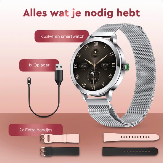 Golden Sound AMOLED Smartwatch Ladies - 3 zusätzliche Armbänder - Geeignet für jeden Laptop und jedes Smartphone - Schrittzähler - Schlafüberwachung - Sättigungsüberwachung - 40mm - Silber