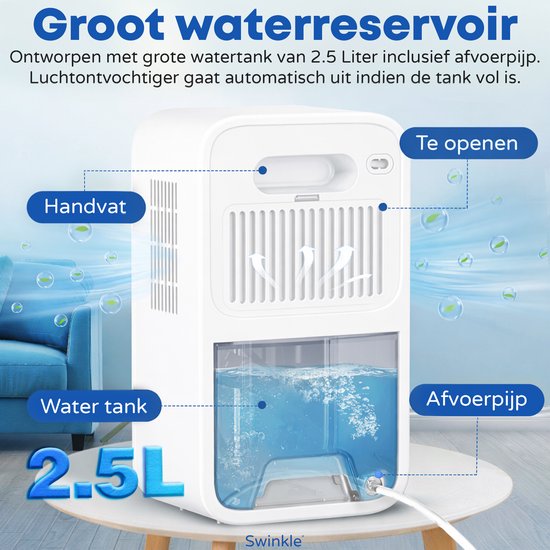 Swinkle Luftentfeuchter - 2.5L - Entfeuchtet bis zu 1L pro Tag - Mit Ionisator & 7-Farben LED - Leise & Energieeffizient - Für Schlafzimmer, Bad & Wohnzimmer - Weiß