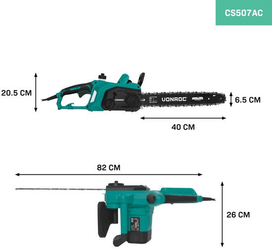 VONROC Elektro-Kettensäge 2000W - Schwertlänge: 40 cm - Kettengeschwindigkeit: 15 m/s - Selbstschmierende Kette