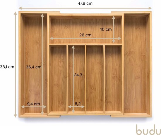 Budu Extendable Bamboo Cutlery Tray #38 (38 cm tief) - Besteckkassette Holz - Besteckschublade - 38 x 29,5 - 47,8 cm - 5/7 Fächer