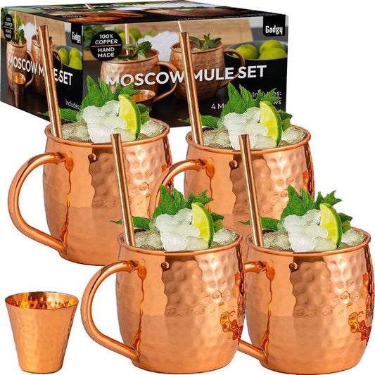 Gadgy Moscow Mule Cups 4-teiliges Set - 100% Kupfer - Cocktail-Set: 4 Cocktailgläser, 4 Strohhalme & 1 Bar-Maß - Geschenk für Frau und Mann