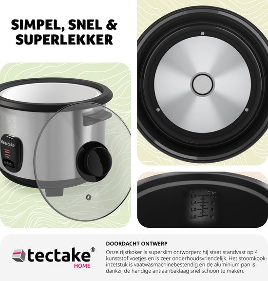 tectake® Reiskocher - Dampfgarer und Reiskocher mit Dämpfeinsatz - Großvolumiger Kochtopf mit 1,8 l Fassungsvermögen - Bis zu 10 Portionen Klebreis, Vollkornreis oder Sushi-Reis