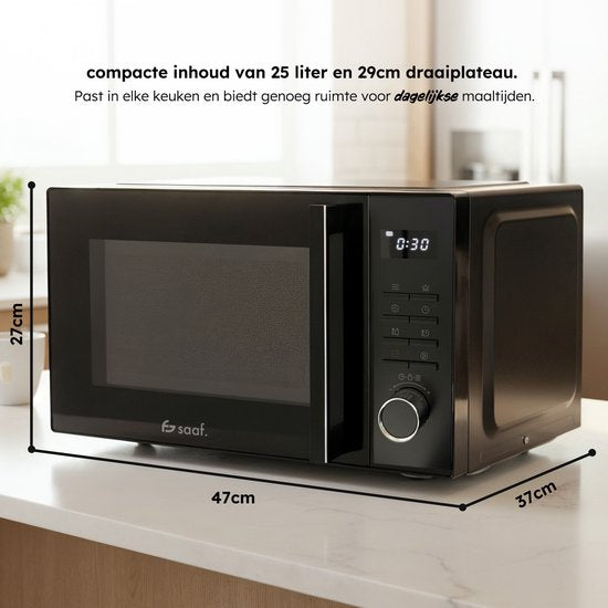 Kombi-Mikrowelle - 25L - Freistehende Kombi-Mikrowelle - Grill- und Heißluftfunktion - 10 Kochprogramme - Digitaler Timer und Kindersicherung - 900W - Schwarz - Saaf