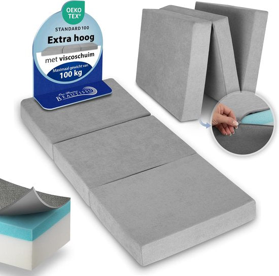 Beautissu VS95 - Premium-Faltmatratze L 80X200cm - Extra dicke 14cm Memory Foam Faltmatratze H3 - Waschbar - Einfacher Transport - Grau