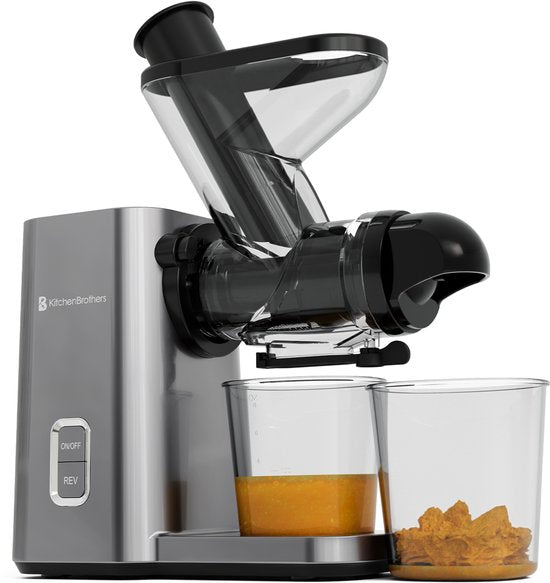 KitchenBrothers Slowjuicer - Mini-Entsafter - Gemüse- und Obstpresse - 40 mm und 50 mm Einfüllöffnung - 400 ml - Grau