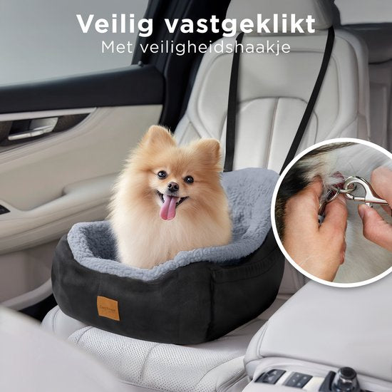 CozySense® Hundeautositz - Hundekorb Auto mit Sicherheitsgurt und Staufach - für kleine Hunde - Vorder- oder Rücksitz - Schwarz/Grau