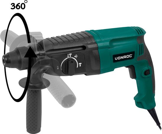 VONROC Bohrhammer 800W - 3 Joule - SDS plus - 4 Funktionen - inkl. Getriebekopf und Zubehör