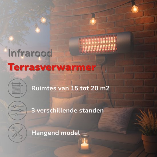 alpina Infrarot-Hängheizung – Terrassenheizung 2000 W, 3 Heizstufen – Spritzwassergeschützte Terrassenheizung IP34 mit Infrarot-Panel – Terrassenheizung