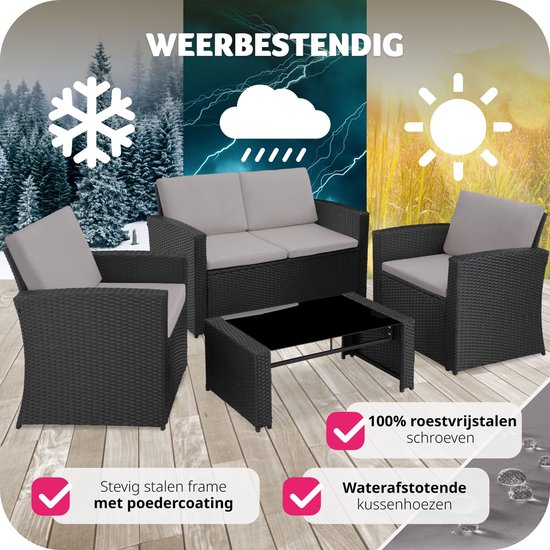 tectake Geflecht-Gartenset für 4 Personen - 2-sitzige Gartenbank und 2 Gartenstühle - Tisch mit abnehmbarer Glasplatte - Bequeme Sitz- und Rückenkissen - Lounge-Set für Garten, Terrasse, Balkon - Schwarz