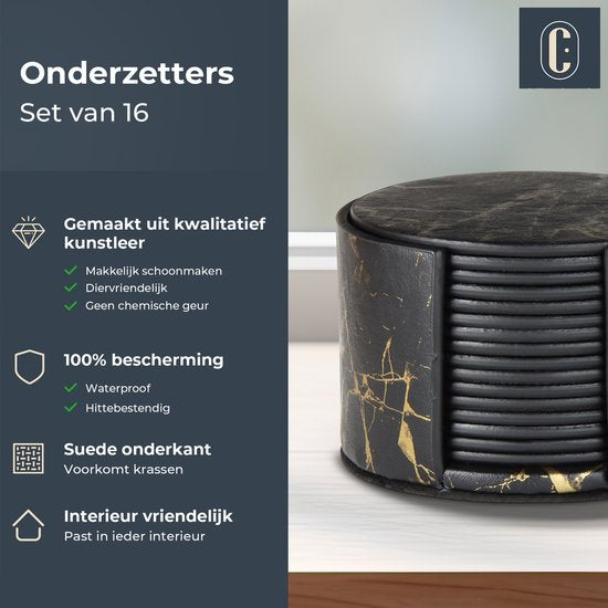 Castagnola Kunstleder-Untersetzer - Untersetzer für Gläser - Design-Untersetzer mit Halterung - Leder-Untersetzer-Set - Leder - Set mit 16 Stück - Marmor-Look - Schwarz/Gold