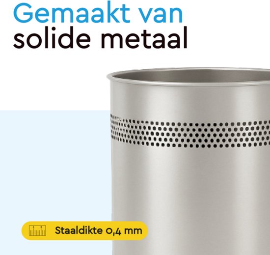 BRASQ Mülleimer Metall Büro/Haushalt - Mülleimer - Abfalleimer - Papierkorb - Rund - Mülleimer - Silber 15 Liter
