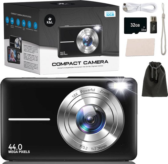 K&L Digitalkamera - Fotokamera - Kompaktkamera - Vlog Kamera - Für Kinder - Inklusive 32GB - NL Software