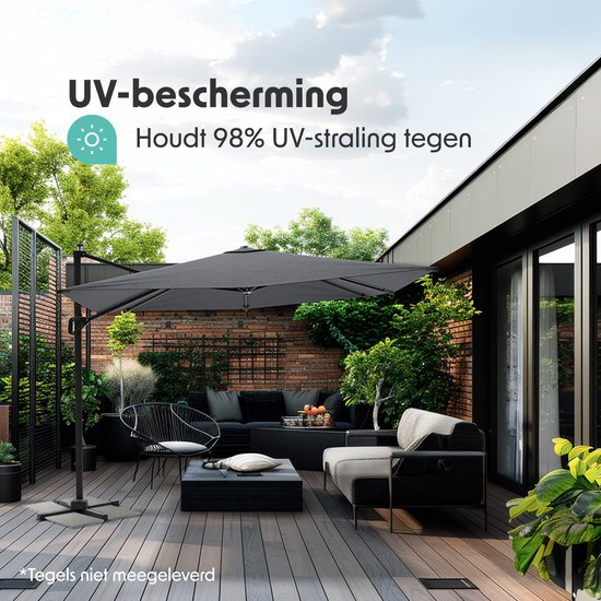 LifeGoods Sonnenschirm - 300x300 cm - neigbar - 7 Ständer - wasserdicht - mit Bezug - Anthrazit