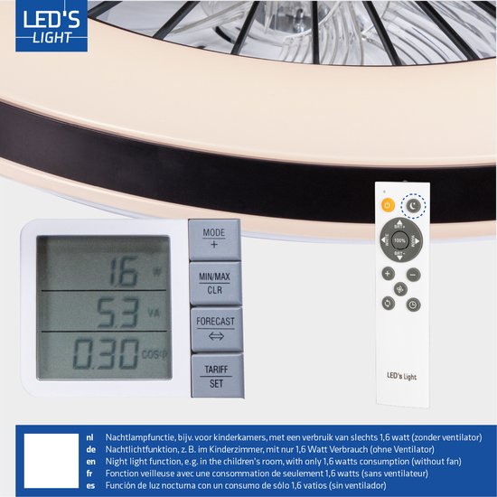 LED's Light Deckenventilator mit Beleuchtung 48 cm - Lüftungsgeschwindigkeit und Fernbedienung - Deckenleuchten mit Ventilator & Lampe - Schwarz