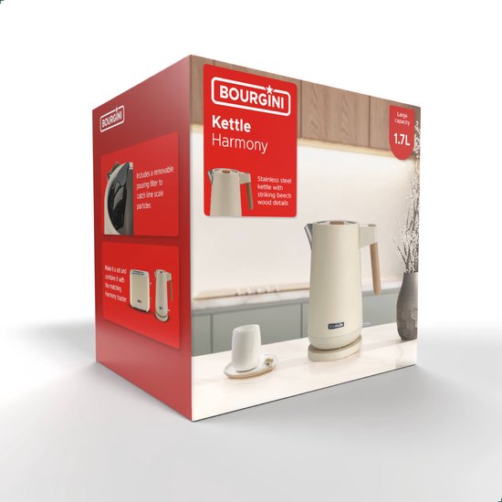 Bourgini Harmony Wasserkocher - Edelstahl - Mit Elementen aus echtem Buchenholz - 1.7L - Cremeweiß