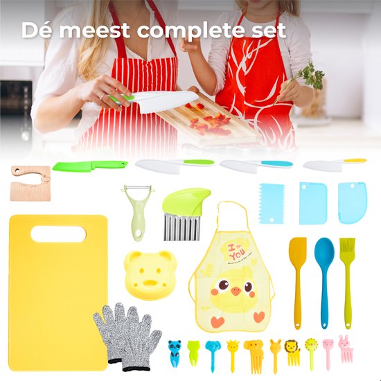 Nuvance - Kindermesserset - 17-teiliges Kochset - Kiddikutter - Kinderbesteck mit Tranchierbrett, Schälmesser, Kindermesser, Pommesschneider & Kochschürze - Kiddicutter - Kochen für Kinder - Küchenutensilien