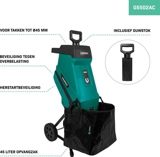 VONROC Schredder/Häcksler 2500W - Für Äste bis zu Ø45mm - Inkl. 45L Auffangbeutel & Schiebestock