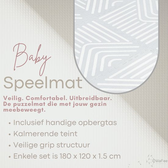 NilaFee™ – Spielmatte – Schaumstoff – Baby – Spielteppich – Krabbelmatte – 180 x 120 x 1,5 cm – Puzzlematte – Aufbewahrungstasche – Geometrie Grau