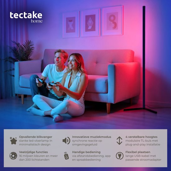 tectake® Smart LED Stehleuchte Spectra - Eckleuchte mit 16 Millionen Farben - 200 Lichteffekte - Smart Stehleuchte - 145 cm - dimmbar - Steuerung per App, Fernbedienung, Knopf und Stimme - Stehleuchte für das Wohnzimmer - Atmosphere Lighting