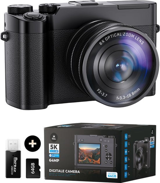 K&L Digitalkamera 5K - 64MP - 6X optischer Zoom - Fotokamera - Kompaktkamera - Vlog-Kamera - Ideal für Einsteiger - Inklusive 64GB - NL Software