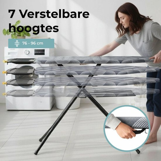 STAUS&BACH Ironiq Pro - Bügeltisch für Dampferzeuger - Inklusive Klappbrett und Klappablage - 76 - 96 cm höhenverstellbar - Mit Dampfbügeleisenhalterung - 122 x 43,5 cm
