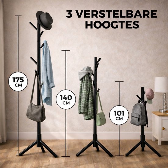 Bayt Garderobe - Stehende Garderobe - Garderobenständer Holz - Stehende Garderobe - Garderobenständer - 8 Haken - 175 cm - Schwarz
