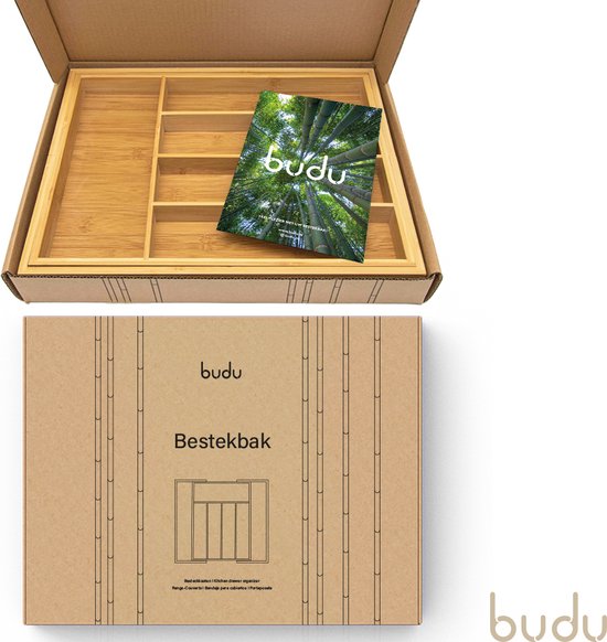 Budu Extendable Bamboo Cutlery Tray #38 (38 cm tief) - Besteckkassette Holz - Besteckschublade - 38 x 29,5 - 47,8 cm - 5/7 Fächer