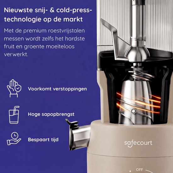 Safecourt Kitchen Slow Juicer XXL - leistungsstarker Motor [Vorschneider & Kaltpress-Technologie] - einfache Reinigung - BPA-frei - Entsafter Beige