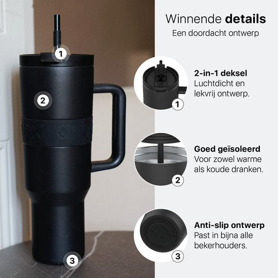 ONYX Trinkflasche mit Strohhalm 1 Liter - Trinkflasche für Kinder & Erwachsene - Thermosbecher Edelstahl Reisebecher - Motivationstrinker - Trinkbecher für die Schule - Onyx Schwarz