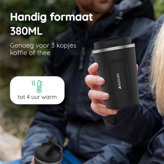 Volcan Edelstahl Kaffeebecher To Go - Thermosbecher - Auslaufsicher - Teebecher - 380ml - Schwarz